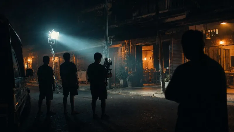 Night film shoot, crew in silhouette