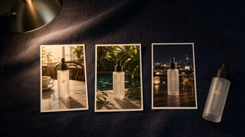 Three printed product photos in different moods