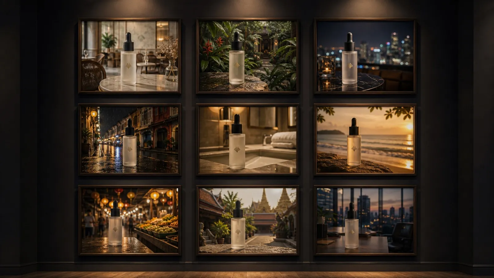 Nine framed posts of the same product across Southeast Asian locations
