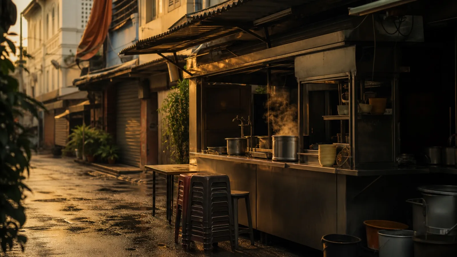 Street stall, drama preset, golden hour