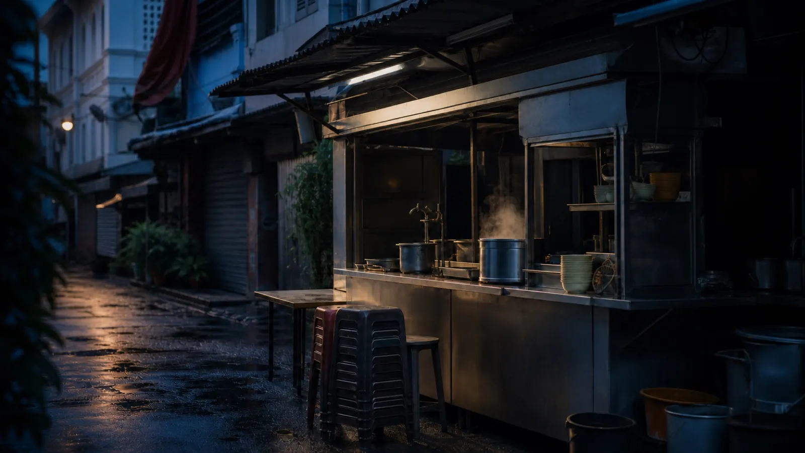 Same stall, calm preset, blue hour